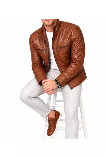Men's brown leather biker jacket iconic look real lambskin jacket