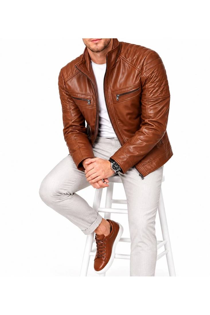 Men's brown leather biker jacket iconic look real lambskin jacket