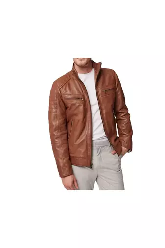Men's brown leather biker jacket iconic look real lambskin jacket