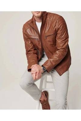 Men's brown leather biker jacket iconic look real lambskin jacket 3