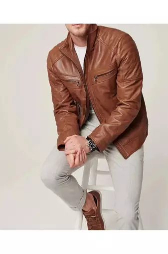 Men's brown leather biker jacket iconic look real lambskin jacket
