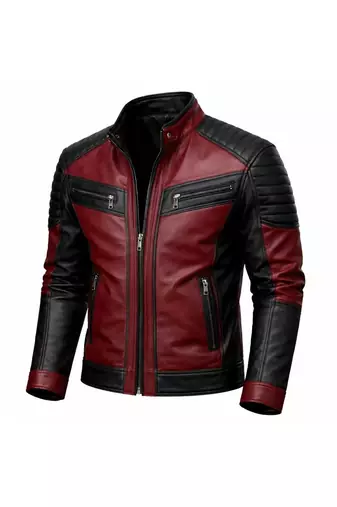 Men's red & black leather jacket classic design moto biker jacket