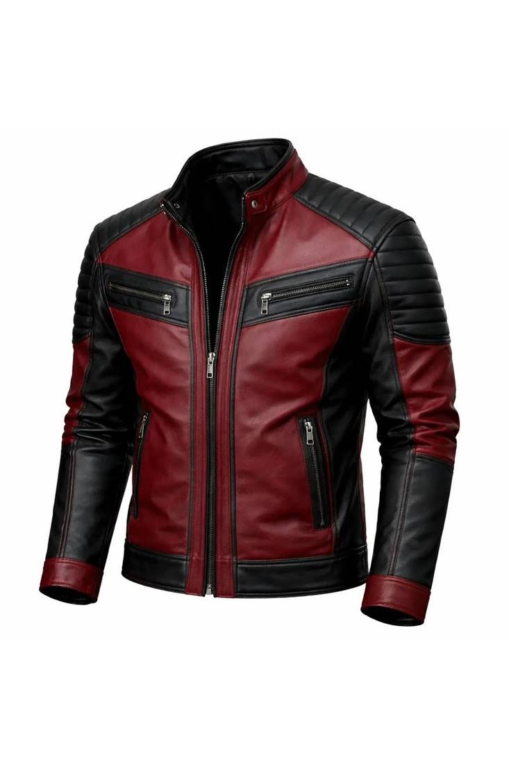 Men's red & black leather jacket classic design moto biker jacket