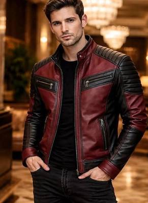 Men's red & black leather jacket classic design moto biker jacket 2