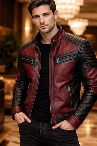 Men's red & black leather jacket classic design moto biker jacket