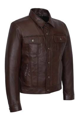 Men's brown lambskin leather moto biker trucker jacket 1