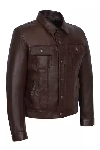 Men's brown lambskin leather moto biker trucker jacket