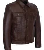 Men's brown lambskin leather moto biker trucker jacket