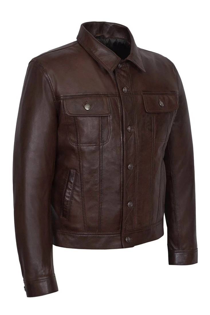 Men's brown lambskin leather moto biker trucker jacket