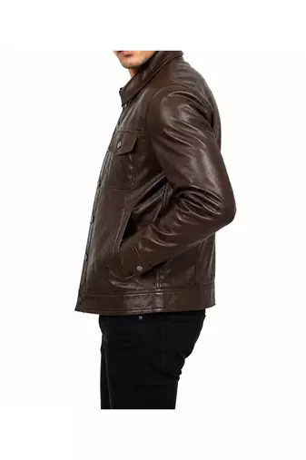 Men's brown lambskin leather moto biker trucker jacket
