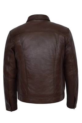 Men's brown lambskin leather moto biker trucker jacket 3