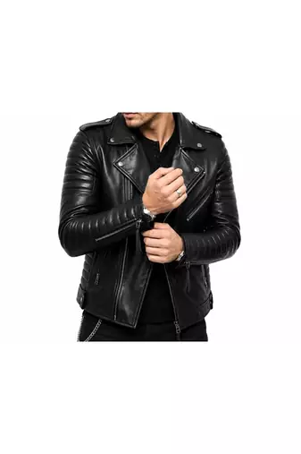 Men's black leather quilted biker jacket fashion outerwear