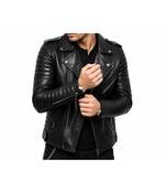Men's black leather quilted biker jacket fashion outerwear