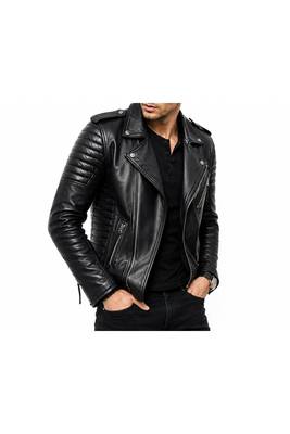 Men's black leather quilted biker jacket fashion outerwear 2