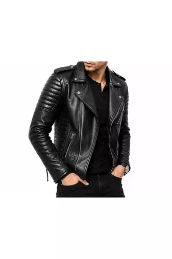Men's black leather quilted biker jacket fashion outerwear