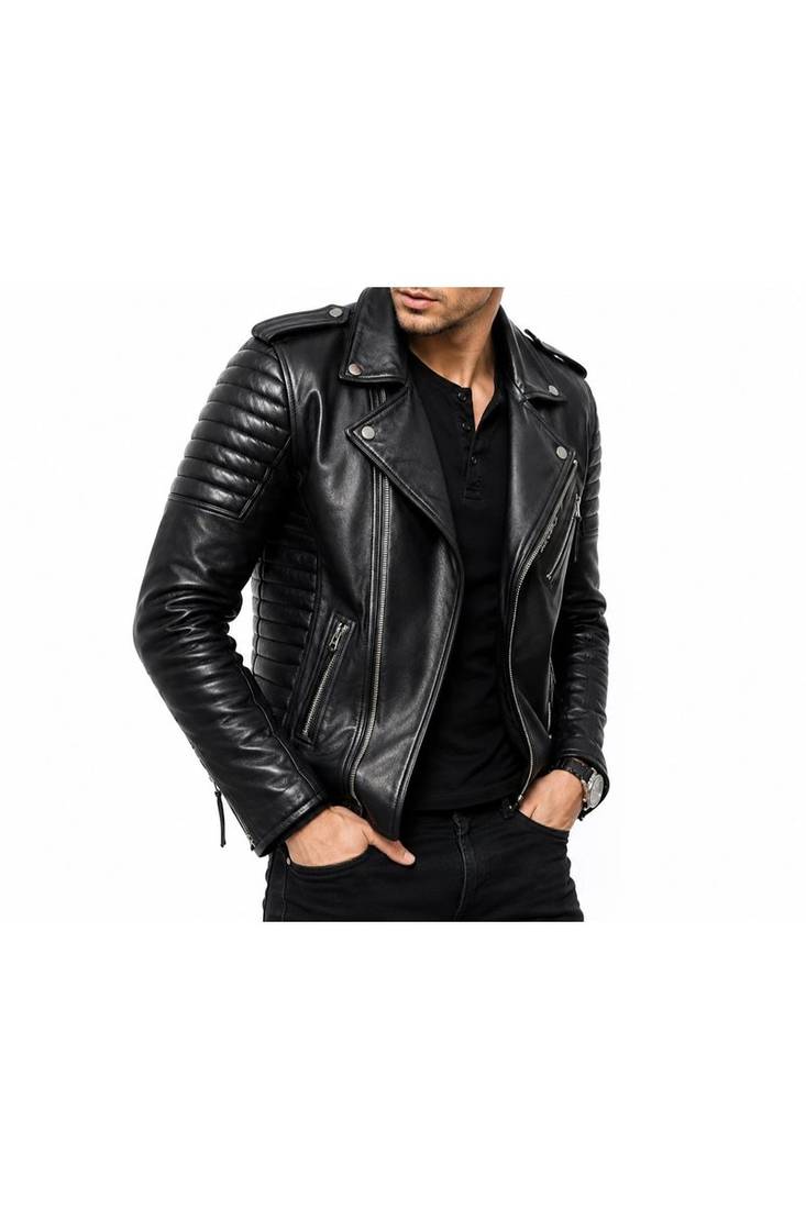 Men's black leather quilted biker jacket fashion outerwear