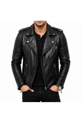 Men's black leather quilted biker jacket fashion outerwear 3