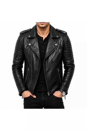 Men's black leather quilted biker jacket fashion outerwear