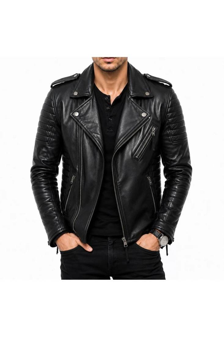 Men's black leather quilted biker jacket fashion outerwear