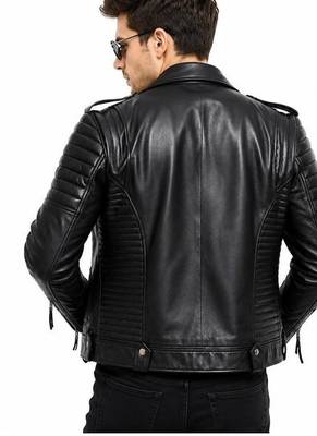 Men's black leather quilted biker jacket fashion outerwear 4