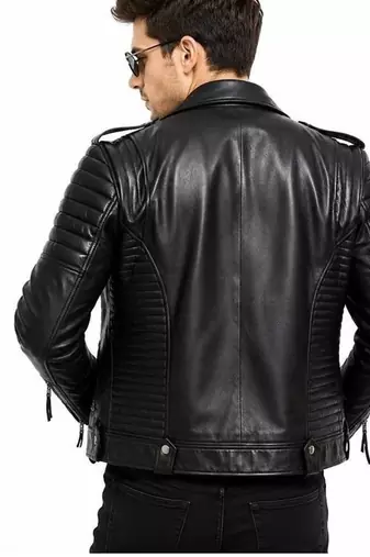 Men's black leather quilted biker jacket fashion outerwear