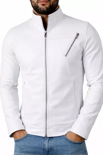 Men white leather jacket casual style lambskin biker jackets