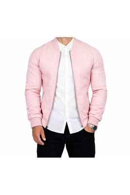 Men's baby pink lambskin leather bomber ribbed jacket 1