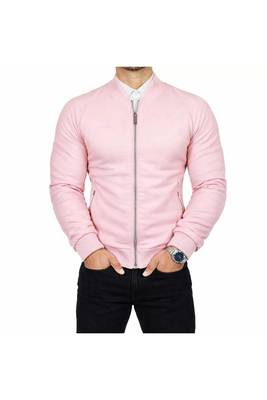 Men's baby pink lambskin leather bomber ribbed jacket 2