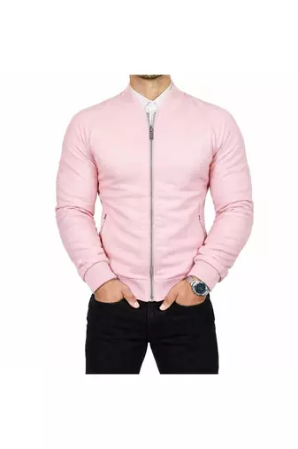 Men's baby pink lambskin leather bomber ribbed jacket