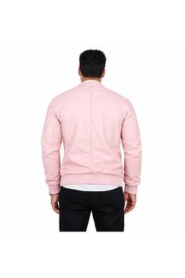 Men's baby pink lambskin leather bomber ribbed jacket 3