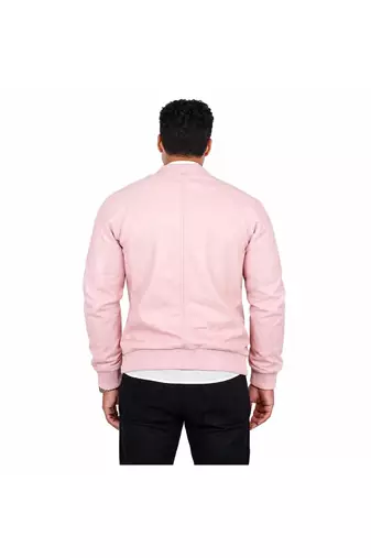 Men's baby pink lambskin leather bomber ribbed jacket