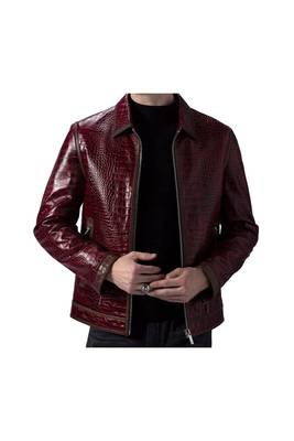 Men's burgundy leather modern fit artficial crocodile jacket 1