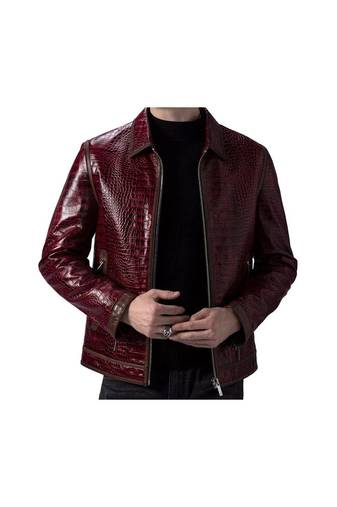 Men's burgundy leather modern fit artficial crocodile jacket