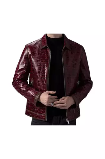Men's burgundy leather modern fit artficial crocodile jacket