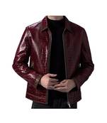 Men's burgundy leather modern fit artficial crocodile jacket