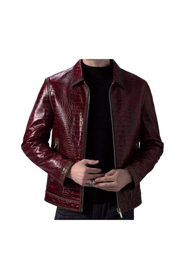 Men's burgundy leather modern fit artficial crocodile jacket