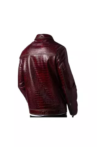 Men's burgundy leather modern fit artficial crocodile jacket