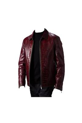 Men's burgundy leather modern fit artficial crocodile jacket 3