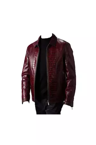 Men's burgundy leather modern fit artficial crocodile jacket