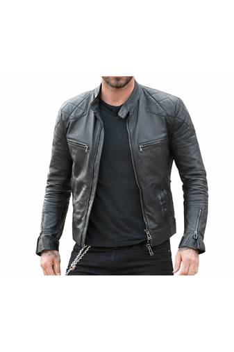 Black leather biker handcrafted men lambskin quilted jacket