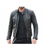Black leather biker handcrafted men lambskin quilted jacket