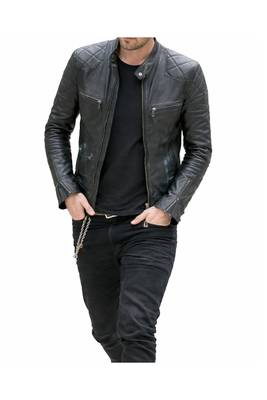 Black leather biker handcrafted men lambskin quilted jacket 2