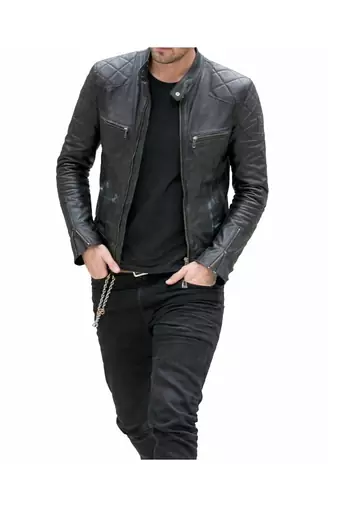 Black leather biker handcrafted men lambskin quilted jacket