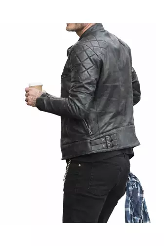 Black leather biker handcrafted men lambskin quilted jacket