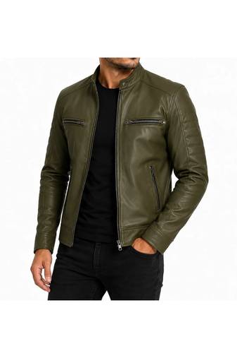 Men's olive green leather moto biker jacket tailored look