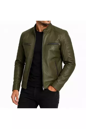 Men's olive green leather moto biker jacket tailored look