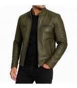 Men's olive green leather moto biker jacket tailored look