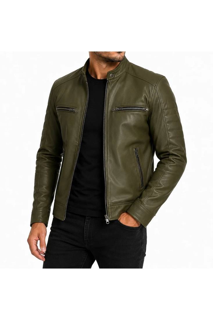 Men's olive green leather moto biker jacket tailored look