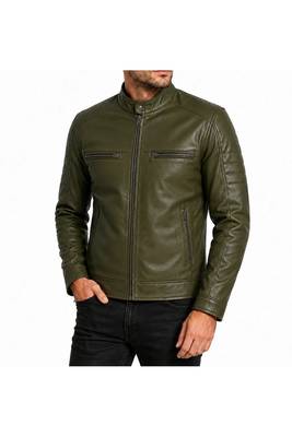 Men's olive green leather moto biker jacket tailored look 2