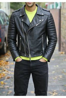 Black biker leather moto street style lambskin quilted jacket 1